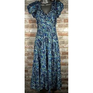 House of Harlow 1960 Ruched Floral Paisley Smocked Maxi Dress Sz M Gritty Blue